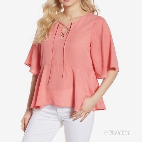 Coral Pink Lace Up Peplum‎ Top Blouse Short Flutter Sleeve Flowy XS X-Small New - Picture 14 of 14